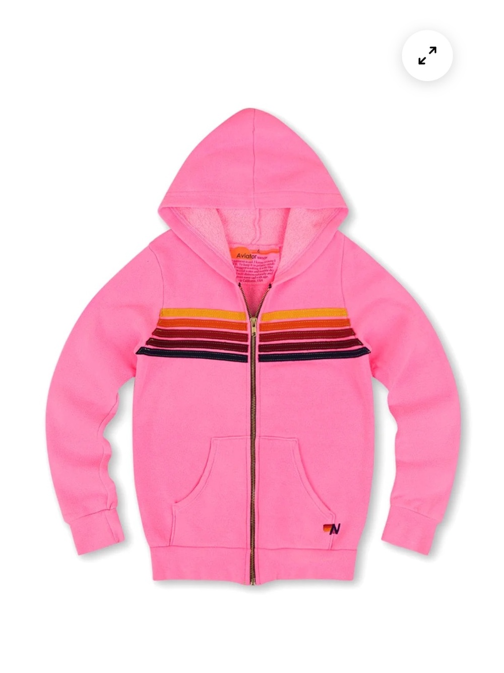 Aviator Nation Kids Pink Stripe Stitch Zip Hoodie with Rainbow Chest Stripes.